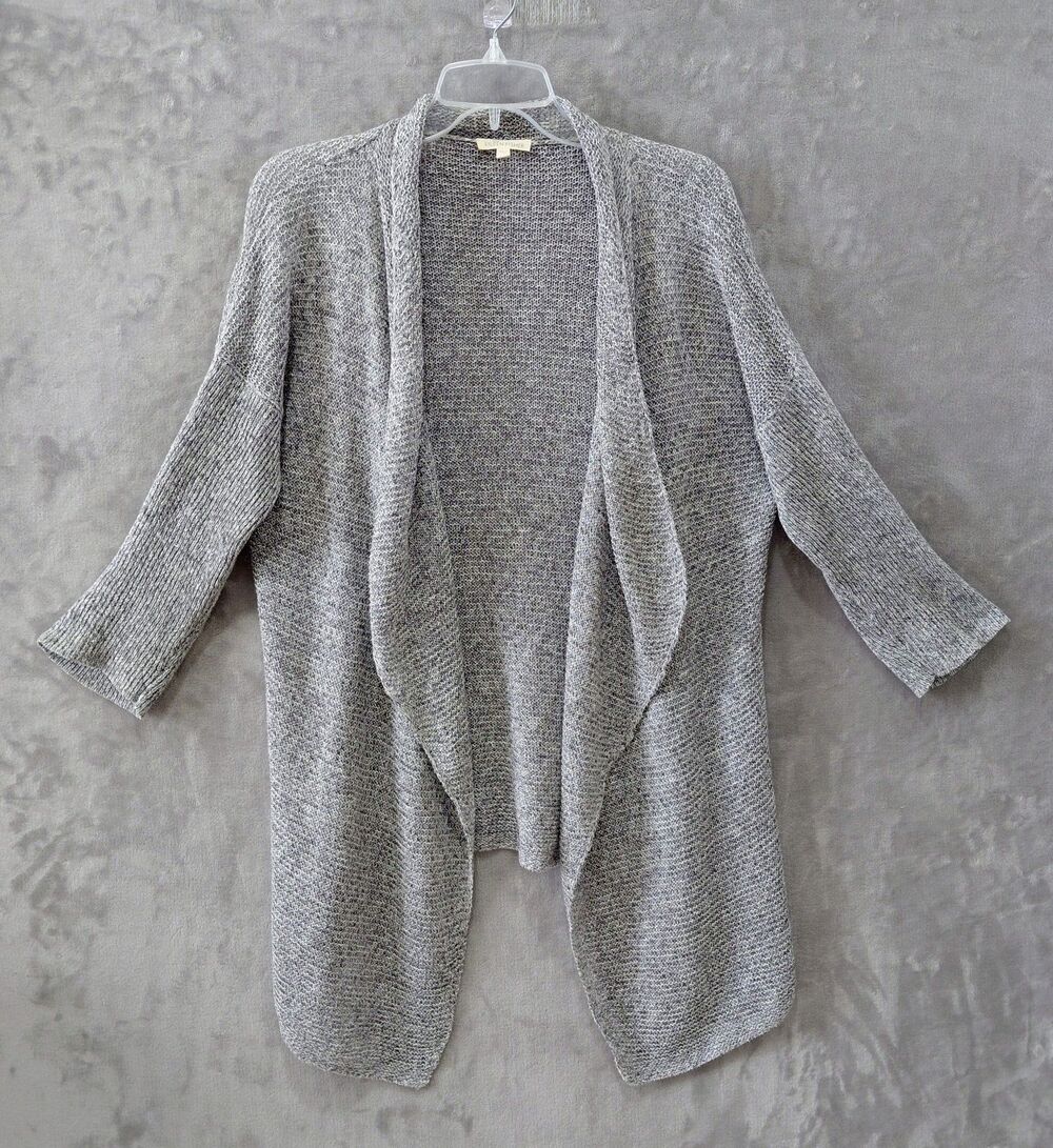 Eileen Fisher Linen Open Drape Cardigan Women's Large Minimalist Gray Open Knit